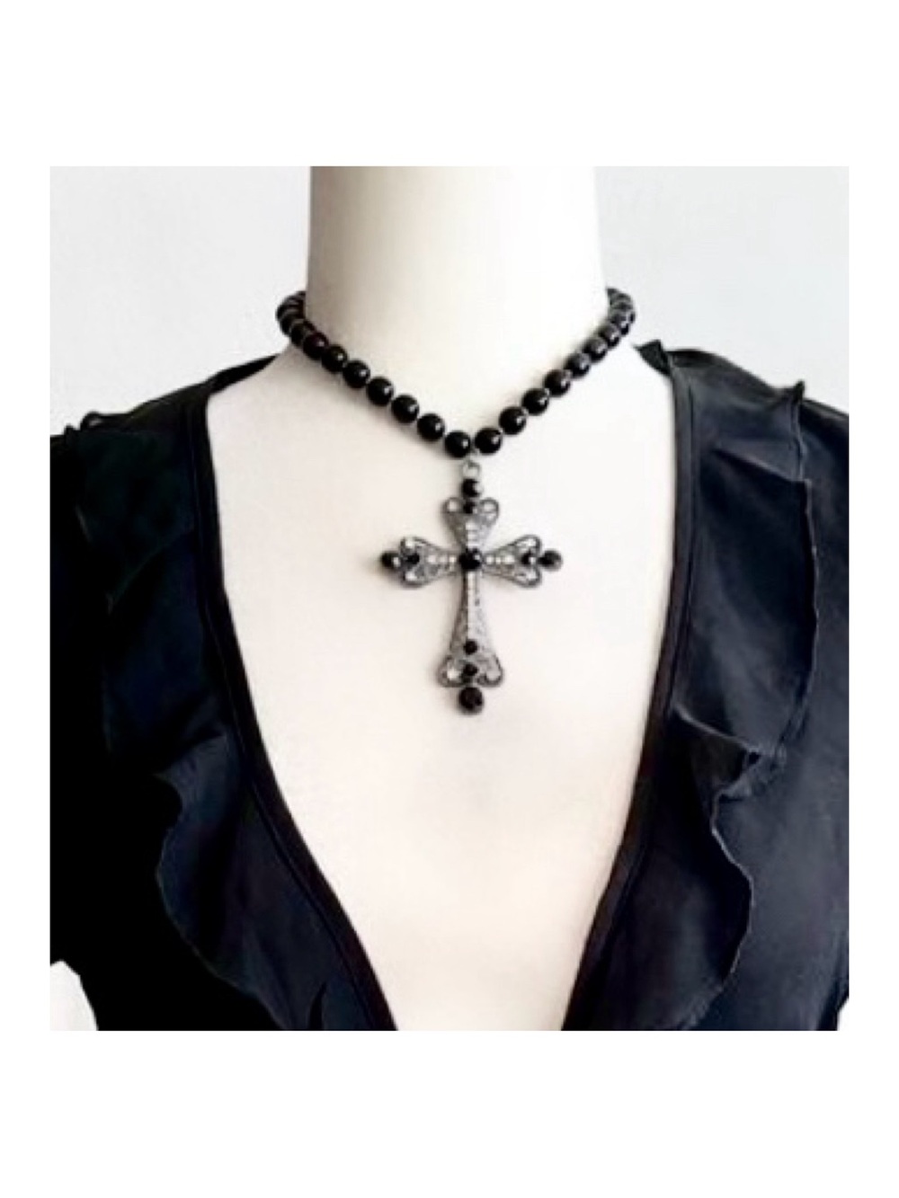 Black Beaded Cross Pendant Necklace - Women Jewelry